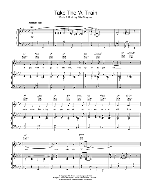 Learn to play Billy Strayhorn Take The 'A' Train sheet music for Piano, Vocal & Guitar (Right-Hand Melody) in minutes. Billy Strayhorn Take The 'A' Train sheet music notes and chords. Download Printable PDF.