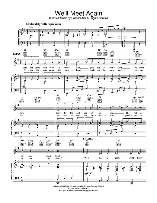 Learn to play Ross Parker & Hughie Charles We'll Meet Again sheet music for Piano, Vocal & Guitar (Right-Hand Melody) in minutes. Ross Parker & Hughie Charles We'll Meet Again sheet music notes and chords. Download Printable PDF.