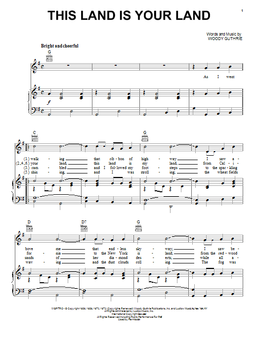 Learn to play Woody Guthrie This Land Is Your Land sheet music for Piano, Vocal & Guitar (Right-Hand Melody) in minutes. Woody Guthrie This Land Is Your Land sheet music notes and chords. Download Printable PDF.