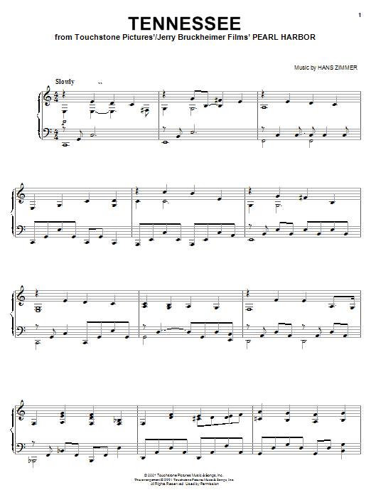 Learn to play Hans Zimmer Tennessee (from Pearl Harbor) sheet music for Piano in minutes. Hans Zimmer Tennessee (from Pearl Harbor) sheet music notes and chords. Download Printable PDF.