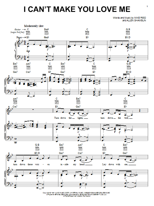 Learn to play Bonnie Raitt I Can't Make You Love Me sheet music for Piano, Vocal & Guitar (Right-Hand Melody) in minutes. Bonnie Raitt I Can't Make You Love Me sheet music notes and chords. Download Printable PDF.