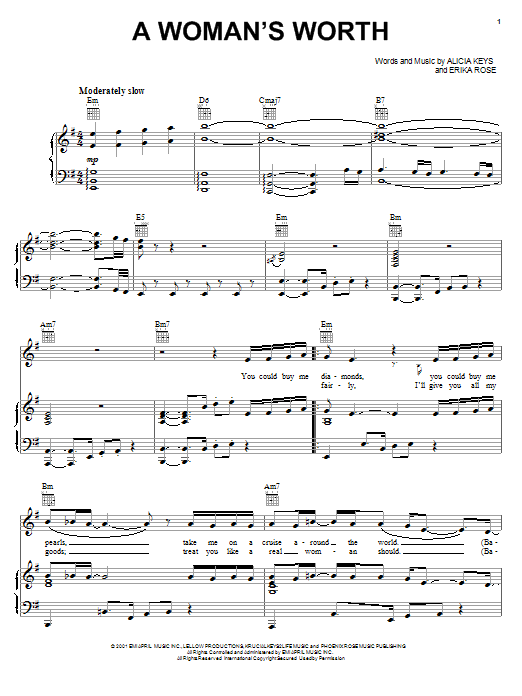 Learn to play Alicia Keys A Woman's Worth sheet music for Piano, Vocal & Guitar (Right-Hand Melody) in minutes. Alicia Keys A Woman's Worth sheet music notes and chords. Download Printable PDF.
