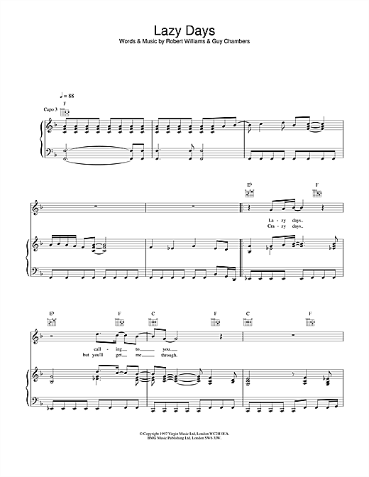 Learn to play Robbie Williams Lazy Days sheet music for Piano, Vocal & Guitar (Right-Hand Melody) in minutes. Robbie Williams Lazy Days sheet music notes and chords. Download Printable PDF.