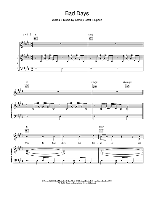Learn to play Space Bad Days sheet music for Piano, Vocal & Guitar in minutes. Space Bad Days sheet music notes and chords. Download Printable PDF.