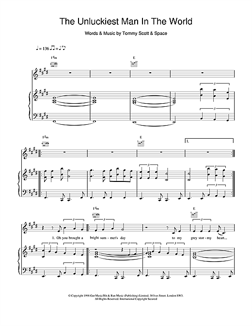 Learn to play Space The Unluckiest Man In The World sheet music for Piano, Vocal & Guitar in minutes. Space The Unluckiest Man In The World sheet music notes and chords. Download Printable PDF.