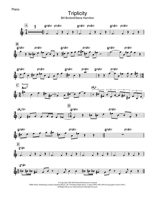 Learn to play Bill Bruford Triplicity sheet music for Piano in minutes. Bill Bruford Triplicity sheet music notes and chords. Download Printable PDF.