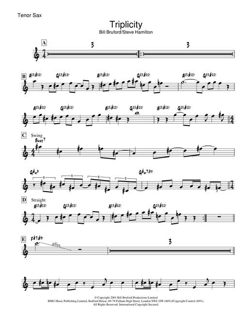 Learn to play Bill Bruford Triplicity sheet music for Tenor Saxophone in minutes. Bill Bruford Triplicity sheet music notes and chords. Download Printable PDF.