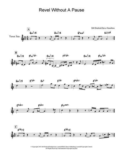 Learn to play Bill Bruford Revel Without A Pause sheet music for Tenor Saxophone in minutes. Bill Bruford Revel Without A Pause sheet music notes and chords. Download Printable PDF.