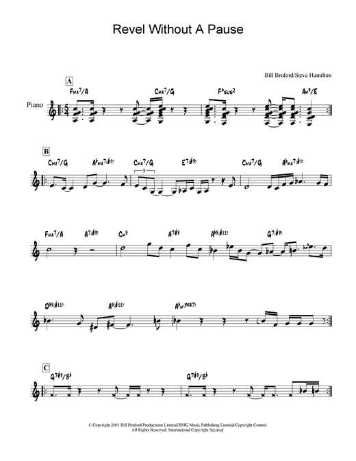 Learn to play Bill Bruford Revel Without A Pause sheet music for Piano in minutes. Bill Bruford Revel Without A Pause sheet music notes and chords. Download Printable PDF.