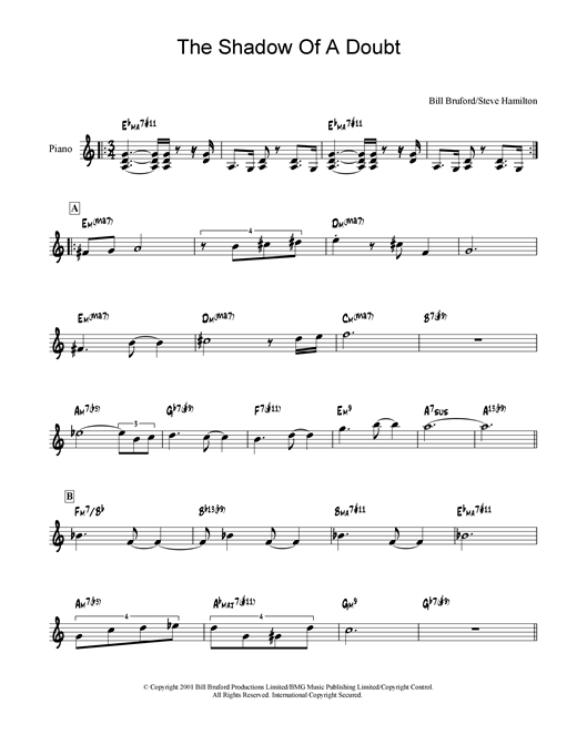 Learn to play Bill Bruford The Shadow Of A Doubt sheet music for Piano in minutes. Bill Bruford The Shadow Of A Doubt sheet music notes and chords. Download Printable PDF.