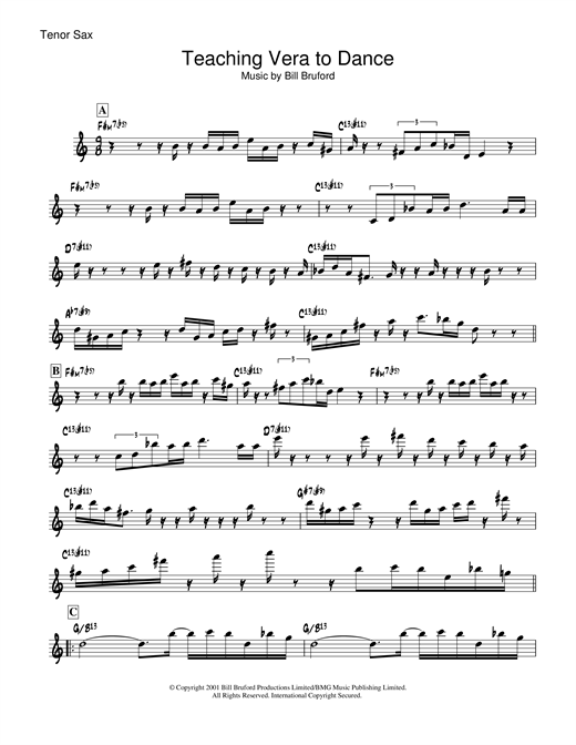 Learn to play Bill Bruford Teaching Vera To Dance sheet music for Tenor Saxophone in minutes. Bill Bruford Teaching Vera To Dance sheet music notes and chords. Download Printable PDF.