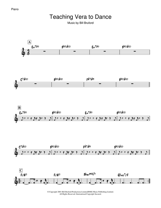 Learn to play Bill Bruford Teaching Vera To Dance sheet music for Piano in minutes. Bill Bruford Teaching Vera To Dance sheet music notes and chords. Download Printable PDF.