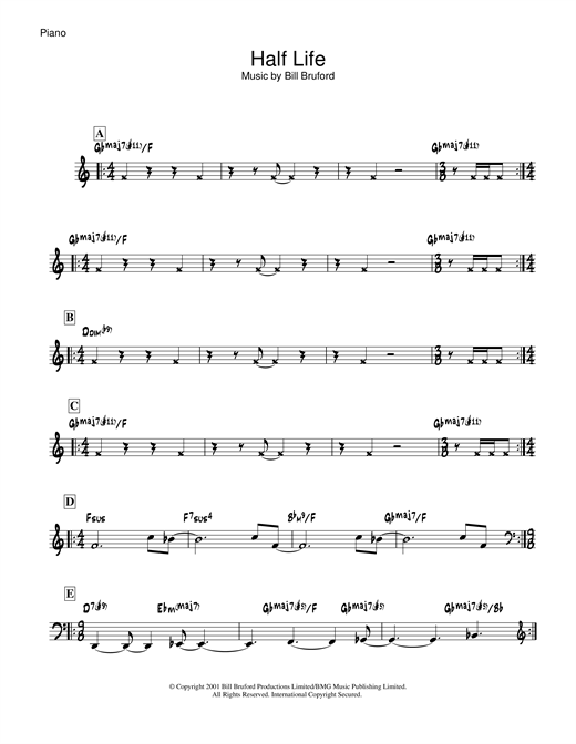 Learn to play Bill Bruford Half Life sheet music for Piano in minutes. Bill Bruford Half Life sheet music notes and chords. Download Printable PDF.