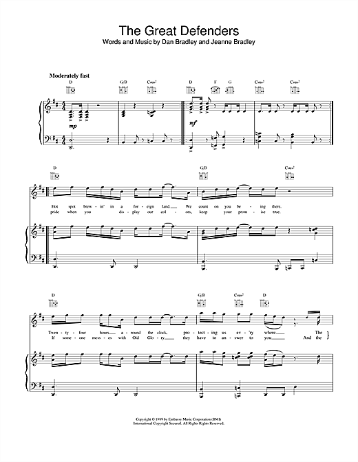 Learn to play Lee Greenwood The Great Defenders sheet music for Piano, Vocal & Guitar (Right-Hand Melody) in minutes. Lee Greenwood The Great Defenders sheet music notes and chords. Download Printable PDF.