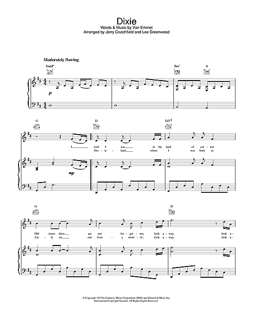 Learn to play Lee Greenwood Dixie sheet music for Piano, Vocal & Guitar (Right-Hand Melody) in minutes. Lee Greenwood Dixie sheet music notes and chords. Download Printable PDF.