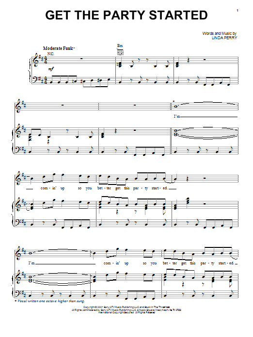 Learn to play Pink Get The Party Started sheet music for Piano, Vocal & Guitar (Right-Hand Melody) in minutes. Pink Get The Party Started sheet music notes and chords. Download Printable PDF.
