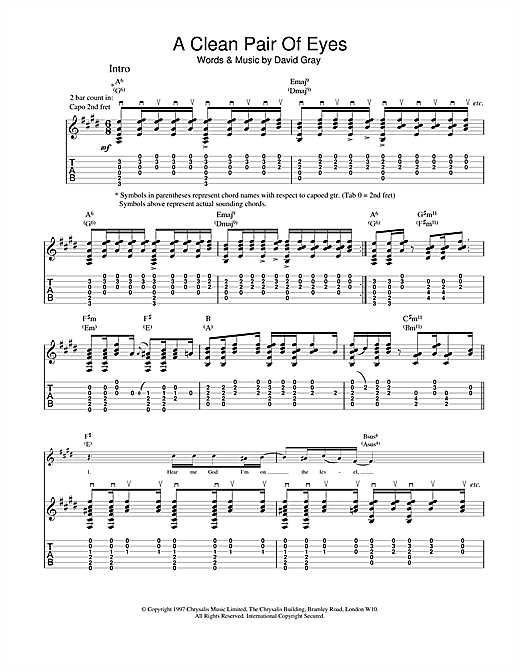 Learn to play David Gray A Clean Pair Of Eyes sheet music for Guitar Tab in minutes. David Gray A Clean Pair Of Eyes sheet music notes and chords. Download Printable PDF.