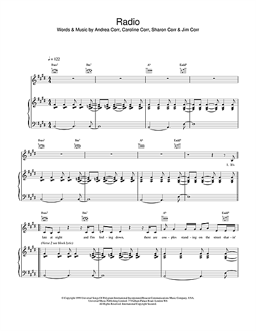 Learn to play The Corrs Radio sheet music for Piano, Vocal & Guitar in minutes. The Corrs Radio sheet music notes and chords. Download Printable PDF.