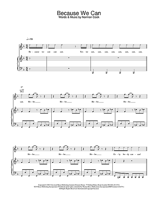Learn to play Fatboy Slim Because We Can sheet music for Piano, Vocal & Guitar in minutes. Fatboy Slim Because We Can sheet music notes and chords. Download Printable PDF.