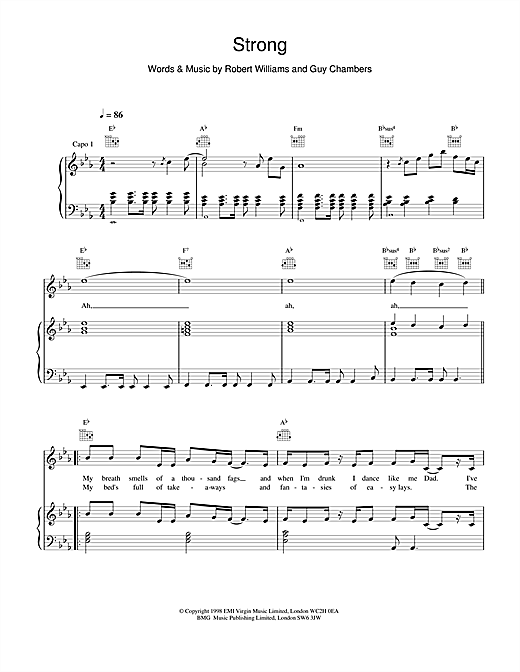 Learn to play Robbie Williams Strong sheet music for Piano, Vocal & Guitar (Right-Hand Melody) in minutes. Robbie Williams Strong sheet music notes and chords. Download Printable PDF.