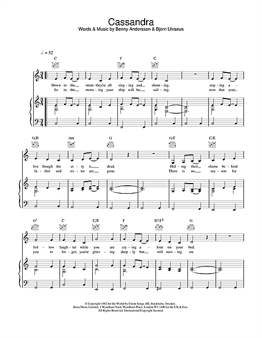 Learn to play ABBA Cassandra sheet music for Piano, Vocal & Guitar (Right-Hand Melody) in minutes. ABBA Cassandra sheet music notes and chords. Download Printable PDF.