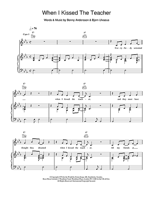 Learn to play ABBA When I Kissed The Teacher sheet music for Piano, Vocal & Guitar (Right-Hand Melody) in minutes. ABBA When I Kissed The Teacher sheet music notes and chords. Download Printable PDF.