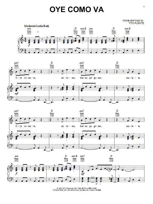 Learn to play Santana Oye Como Va sheet music for Piano, Vocal & Guitar (Right-Hand Melody) in minutes. Santana Oye Como Va sheet music notes and chords. Download Printable PDF.