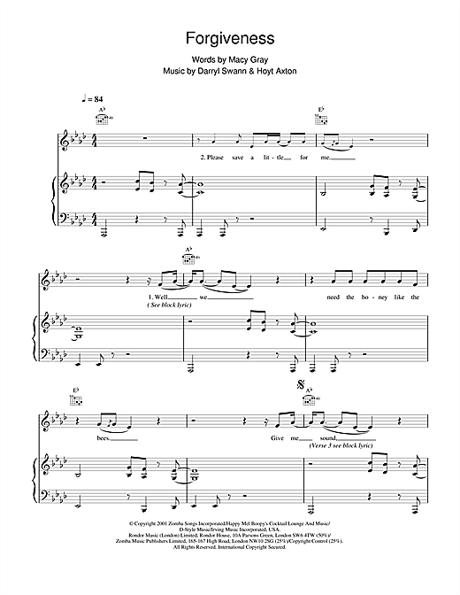 Learn to play Macy Gray Forgiveness sheet music for Piano, Vocal & Guitar in minutes. Macy Gray Forgiveness sheet music notes and chords. Download Printable PDF.
