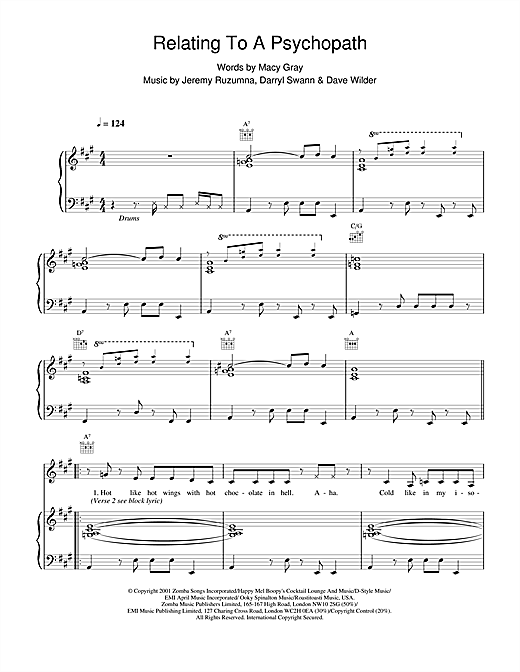 Learn to play Macy Gray Relating To A Psychopath sheet music for Piano, Vocal & Guitar in minutes. Macy Gray Relating To A Psychopath sheet music notes and chords. Download Printable PDF.