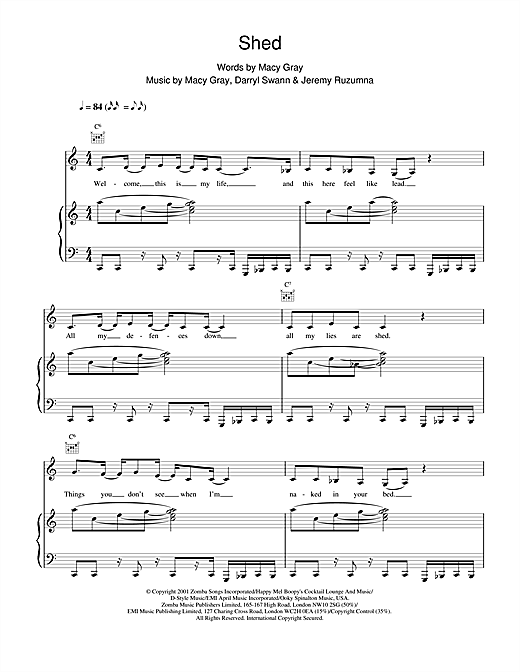 Learn to play Macy Gray Shed sheet music for Piano, Vocal & Guitar in minutes. Macy Gray Shed sheet music notes and chords. Download Printable PDF.