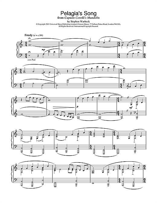 Learn to play Stephen Warbeck Pelagia's Song (Ricordo Ancor) (from Captain Corelli's Mandolin) sheet music for Piano in minutes. Stephen Warbeck Pelagia's Song (Ricordo Ancor) (from Captain Corelli's Mandolin) sheet music notes and chords. Download Printable PDF.