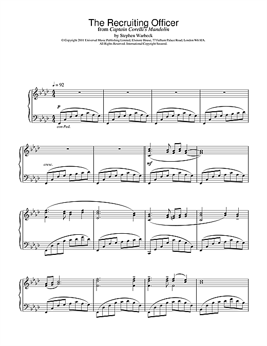 Learn to play Stephen Warbeck The Recruiting Officer (from Captain Corelli's Mandolin) sheet music for Piano in minutes. Stephen Warbeck The Recruiting Officer (from Captain Corelli's Mandolin) sheet music notes and chords. Download Printable PDF.