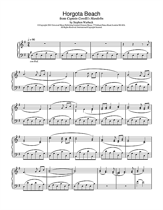 Learn to play Stephen Warbeck Horgota Beach (from Captain Corelli's Mandolin) sheet music for Piano in minutes. Stephen Warbeck Horgota Beach (from Captain Corelli's Mandolin) sheet music notes and chords. Download Printable PDF.