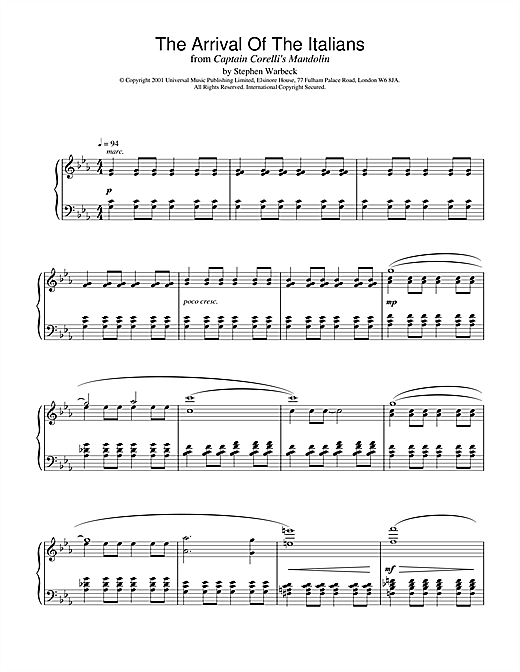 Learn to play Stephen Warbeck The Arrival Of The Italians (from Captain Corelli's Mandolin) sheet music for Piano in minutes. Stephen Warbeck The Arrival Of The Italians (from Captain Corelli's Mandolin) sheet music notes and chords. Download Printable PDF.