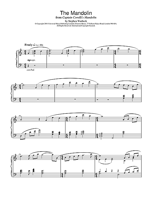 Learn to play Stephen Warbeck The Mandolin (from Captain Corelli's Mandolin) sheet music for Piano in minutes. Stephen Warbeck The Mandolin (from Captain Corelli's Mandolin) sheet music notes and chords. Download Printable PDF.