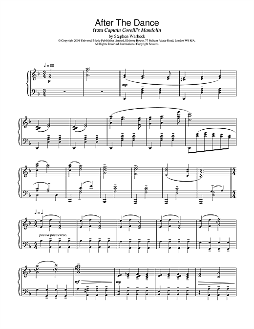 Learn to play Stephen Warbeck After The Dance (from Captain Corelli's Mandolin) sheet music for Piano in minutes. Stephen Warbeck After The Dance (from Captain Corelli's Mandolin) sheet music notes and chords. Download Printable PDF.