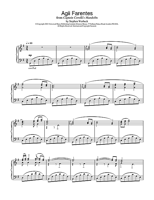 Learn to play Stephen Warbeck Agii Fanentes (from Captain Corelli's Mandolin) sheet music for Piano in minutes. Stephen Warbeck Agii Fanentes (from Captain Corelli's Mandolin) sheet music notes and chords. Download Printable PDF.