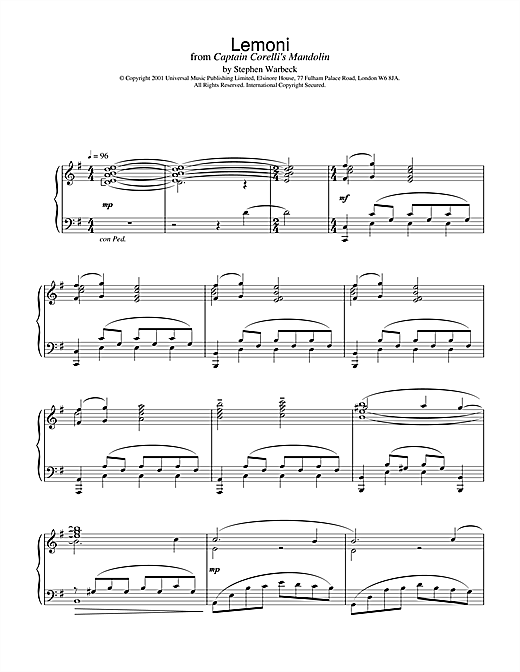 Learn to play Stephen Warbeck Lemoni (from Captain Corelli's Mandolin) sheet music for Piano in minutes. Stephen Warbeck Lemoni (from Captain Corelli's Mandolin) sheet music notes and chords. Download Printable PDF.
