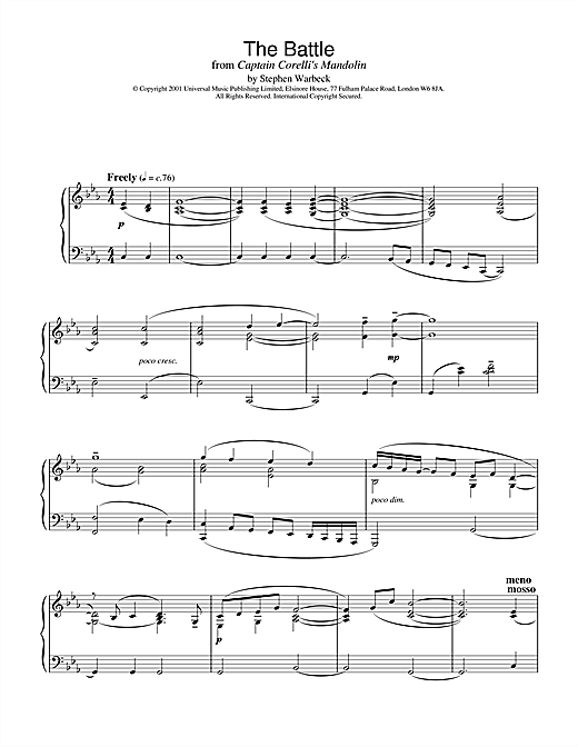 Learn to play Stephen Warbeck The Battle (from Captain Corelli's Mandolin) sheet music for Piano in minutes. Stephen Warbeck The Battle (from Captain Corelli's Mandolin) sheet music notes and chords. Download Printable PDF.