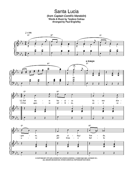 Learn to play Teodoro Cottrau Santa Lucia (from Captain Corelli's Mandolin) sheet music for Piano in minutes. Teodoro Cottrau Santa Lucia (from Captain Corelli's Mandolin) sheet music notes and chords. Download Printable PDF.