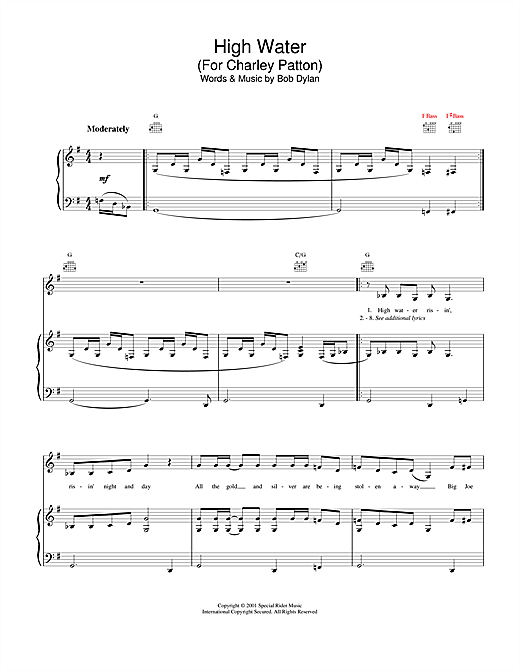 Learn to play Bob Dylan High Water (For Charley Patton) sheet music for Piano, Vocal & Guitar (Right-Hand Melody) in minutes. Bob Dylan High Water (For Charley Patton) sheet music notes and chords. Download Printable PDF.