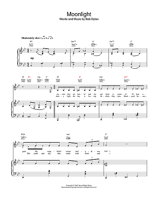 Learn to play Bob Dylan Moonlight sheet music for Piano, Vocal & Guitar (Right-Hand Melody) in minutes. Bob Dylan Moonlight sheet music notes and chords. Download Printable PDF.