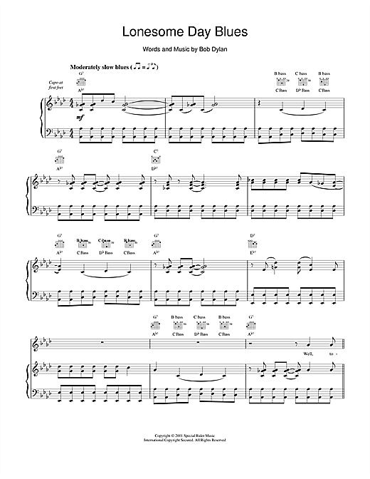 Learn to play Bob Dylan Lonesome Day Blues sheet music for Piano, Vocal & Guitar (Right-Hand Melody) in minutes. Bob Dylan Lonesome Day Blues sheet music notes and chords. Download Printable PDF.
