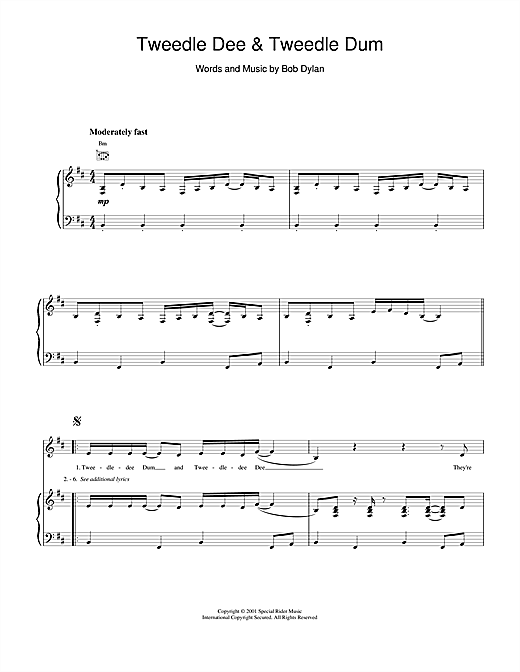 Learn to play Bob Dylan Tweedle Dee & Tweedle Dum sheet music for Piano, Vocal & Guitar (Right-Hand Melody) in minutes. Bob Dylan Tweedle Dee & Tweedle Dum sheet music notes and chords. Download Printable PDF.