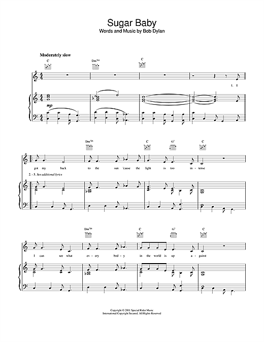 Learn to play Bob Dylan Sugar Baby sheet music for Piano, Vocal & Guitar (Right-Hand Melody) in minutes. Bob Dylan Sugar Baby sheet music notes and chords. Download Printable PDF.