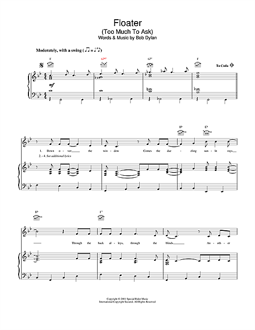 Learn to play Bob Dylan Floater sheet music for Piano, Vocal & Guitar (Right-Hand Melody) in minutes. Bob Dylan Floater sheet music notes and chords. Download Printable PDF.