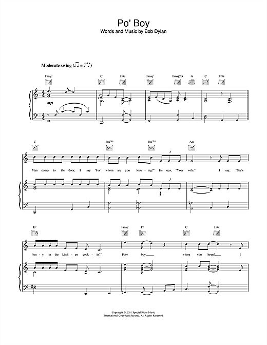 Learn to play Bob Dylan Po' Boy sheet music for Piano, Vocal & Guitar (Right-Hand Melody) in minutes. Bob Dylan Po' Boy sheet music notes and chords. Download Printable PDF.