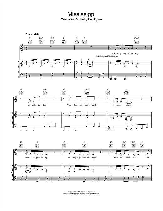 Learn to play Bob Dylan Mississippi sheet music for Piano, Vocal & Guitar (Right-Hand Melody) in minutes. Bob Dylan Mississippi sheet music notes and chords. Download Printable PDF.