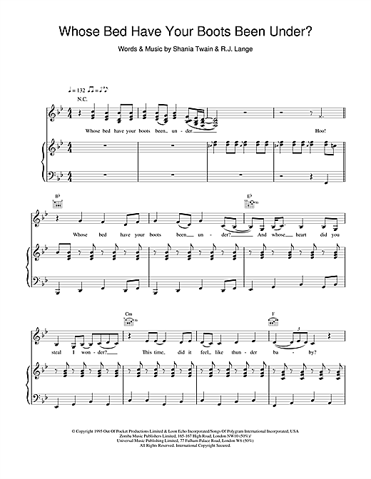 Learn to play Shania Twain Whose Bed Have Your Boots Been Under? sheet music for Piano, Vocal & Guitar in minutes. Shania Twain Whose Bed Have Your Boots Been Under? sheet music notes and chords. Download Printable PDF.