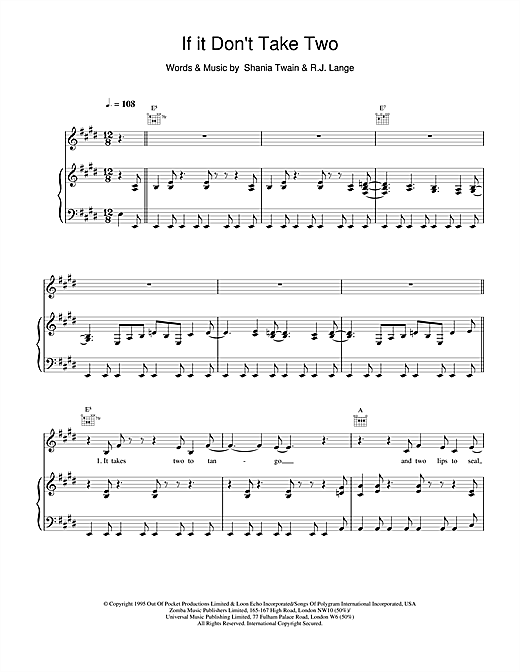 Learn to play Shania Twain If It Don't Take Two sheet music for Piano, Vocal & Guitar in minutes. Shania Twain If It Don't Take Two sheet music notes and chords. Download Printable PDF.
